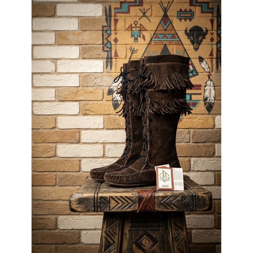 Bastien Industries Hiawatha Brown Suede Double Fringe Moccasin Boots 9 NEW $230